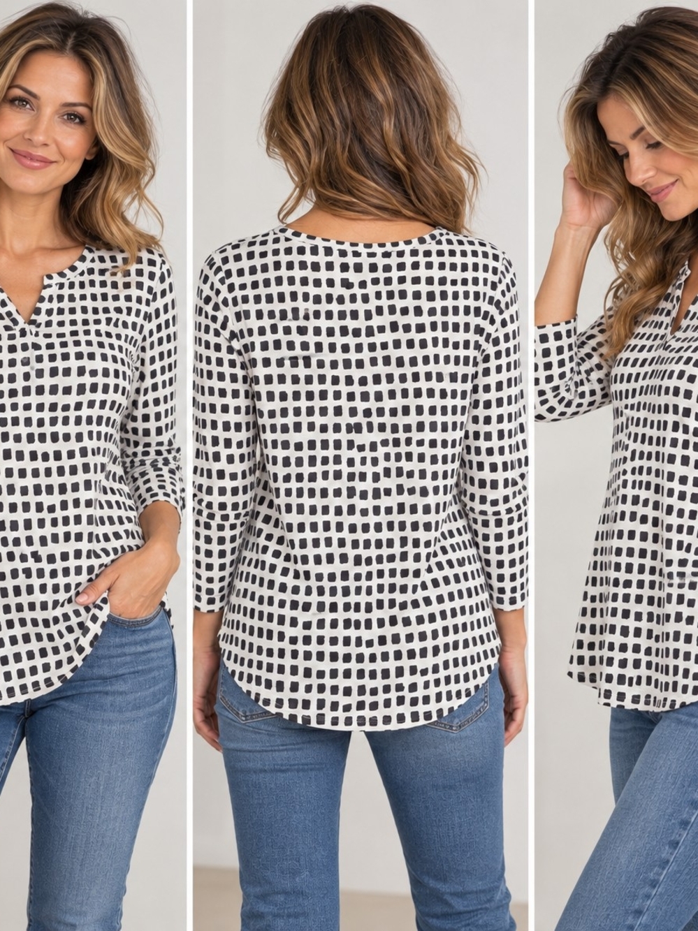Chico's Black & White Notch-Neck Printed Long Sleeve Top